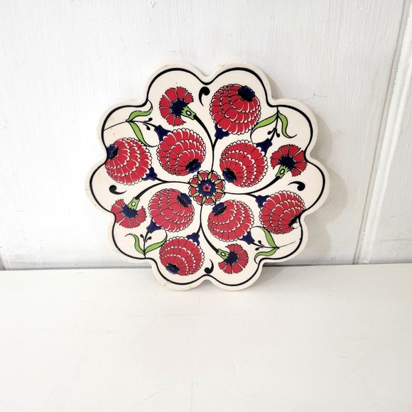 Pottery Floral Trivet Red Flowers - Picture 2 of 4